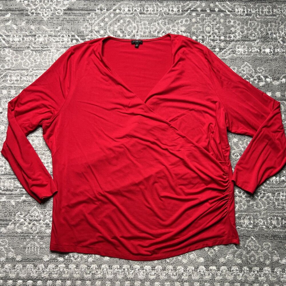 Talbots Woman Knit Top 3X Shirt Red Faux Wrap Front Stretch Shirred Work Holiday